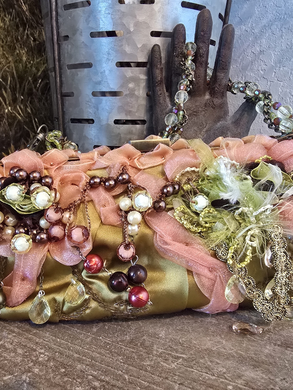 Ornate Pink & Olive Satin Evening Clutch with Beaded Embellishments